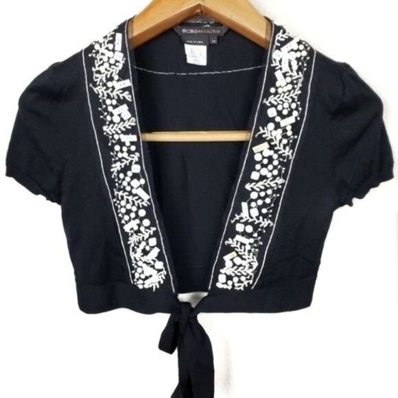 BCBGMaxazria black short-sleeved crop top with crossed tie and rhinestones XS - Picture 1 of 8